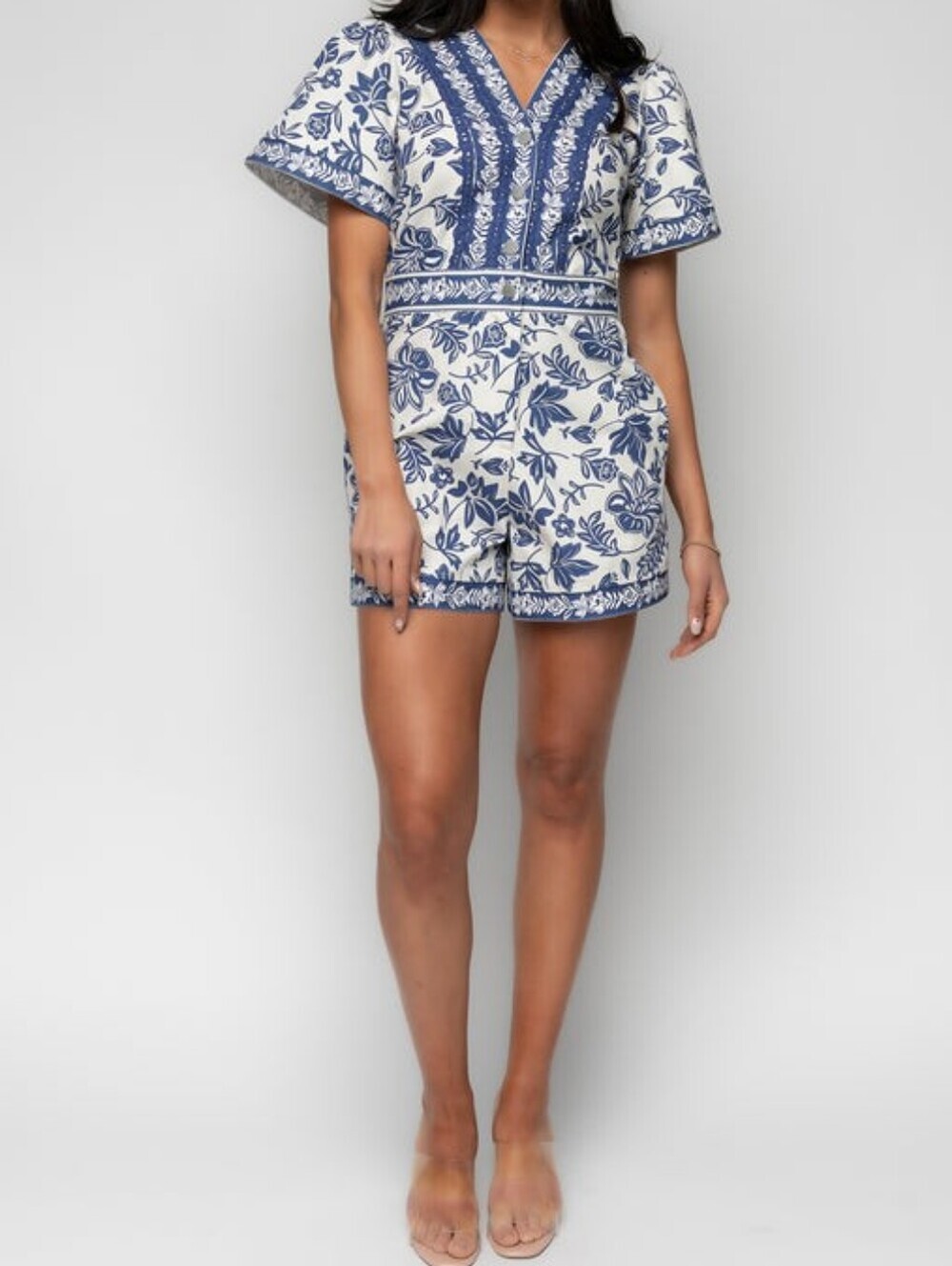 Baltic Born Navy and White Floral V-Neck Short Romper..Size:XL - Picture 2 of 16